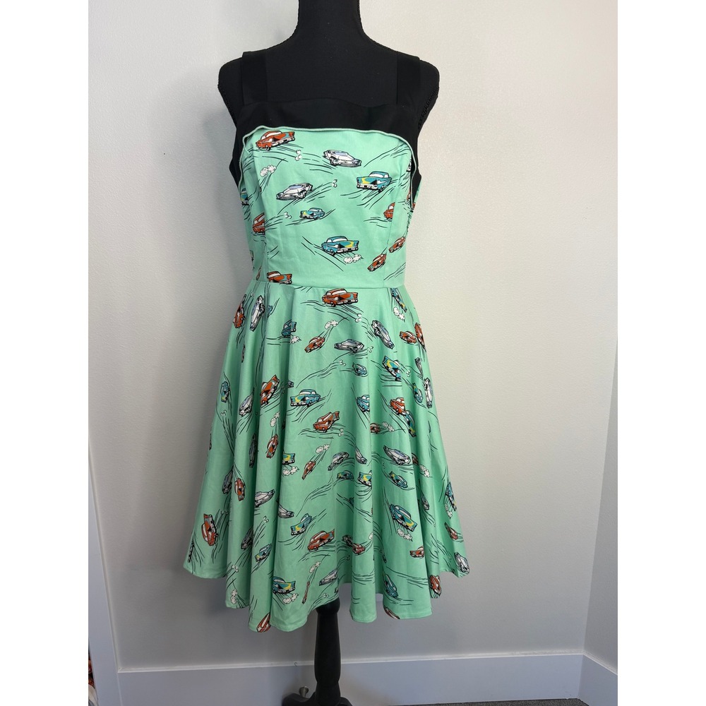 Golightly Mint Green Classic Car Print Rockabilly Fit & Flare Swing Dress Medium